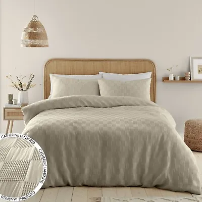 Catherine Lansfield Waffle Checkerboard Jacquard Duvet Cover Bedding Set Natural • £26.99