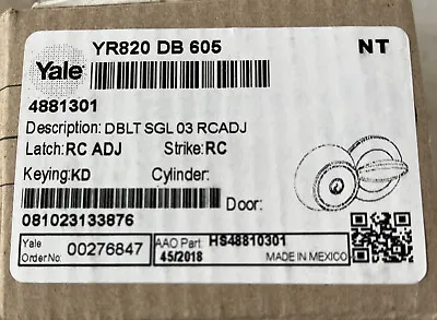 YALE #YR820 DB 605 Deadbolt SGL 03 RCADJ #4881301 Brass (For Parts - No Keys) • $10.95