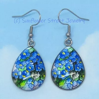 Blue Flower Earrings Silver Glass Dome Cabochon Painting Art Print 03152 • $14.98