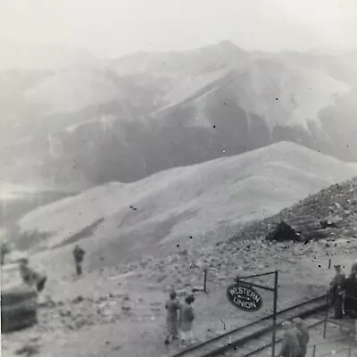 Vintage Black And White Photo Western Union Hanging Sign People Mountain Range • $6.69