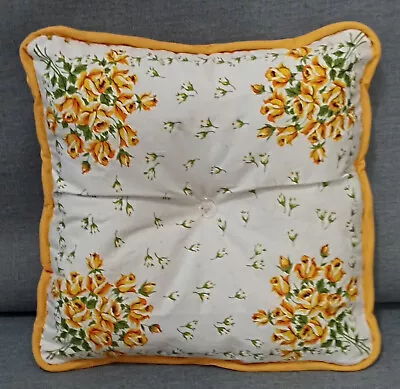 THROW PILLOW Vintage Hankie Cottage Yellow Rose White Green Handmade 12 X 12 • $4.79