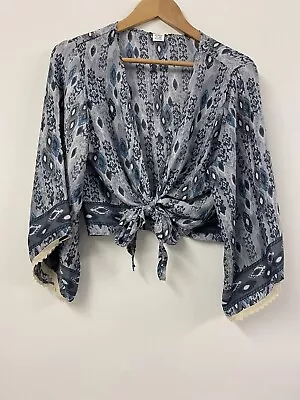 £22.99 • Buy Grey Hippie Top Wrap Boho Vintage Retro Bolero Festival Indian Tie Front Silk