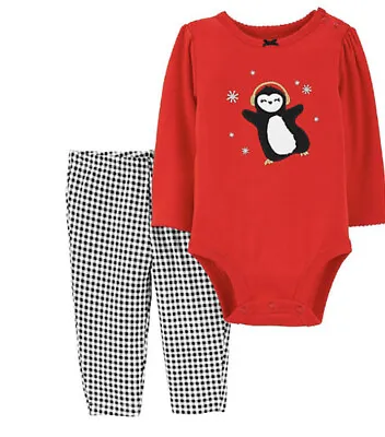 NWT 3m Penguin Hat Winter Girls Plaid Holiday Christmas Outfit Carters Layette • $13.80