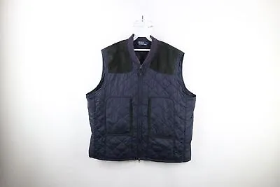 Vtg 90s Ralph Lauren Mens 2XLT Leather Trim Quilted Shooting Vest Jacket Blue • $151.96