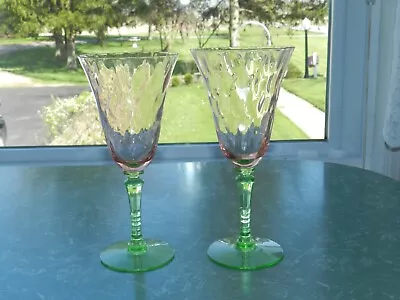 Vintage Watermelon PINK GREEN Tiffin Glass Wine Goblets Pair • $18