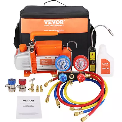 VEVOR 1/4 HP HVAC Vacuum Pump And Gauge Set 4 CFM Manifold Gauge Kit With Hose • $129.89