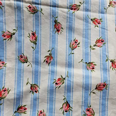 Vintage Quilting Fabric Blue White Stripe Rose Buds Red Pink Flower Cotton Scrap • $7.95