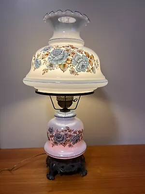 Vintage L&L WMC GWTW Blue Floral Glass Shade Hurricane Lamp 17 1/2  High • $299.99