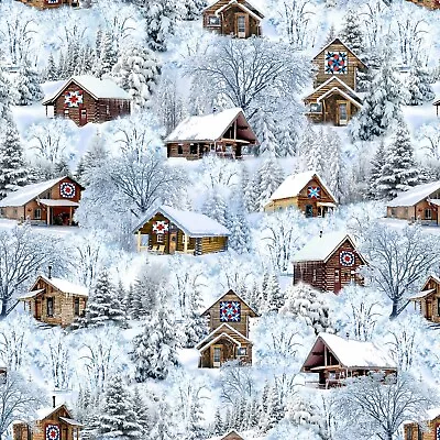 HOLIDAY RETREAT SNOWY CABINS With BARN QUILTS BTY 44  Quilt Fabric • $10.99