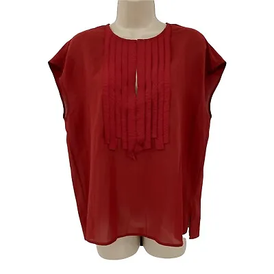 J Crew Size 4 Top Women's Rust Red Short Sleeve Pleated Key Hole Boxy Round Neck • $12.80