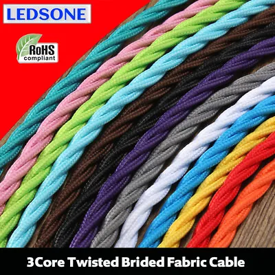 Vintage Style Fabric Cable Flex 3 Core Braided Italian Lamp Twisted Wire LEDSONE • £2.89