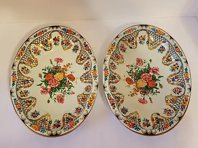 Vintage Daher Decorated Ware Tin Oval Tray England Victorian Flowers - Lot Of 2 • $20