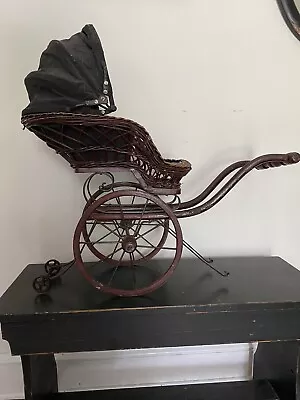 Antique 1800's Wicker Wood Canvas  Baby Doll Carriage Buggy Stroller • $78.88