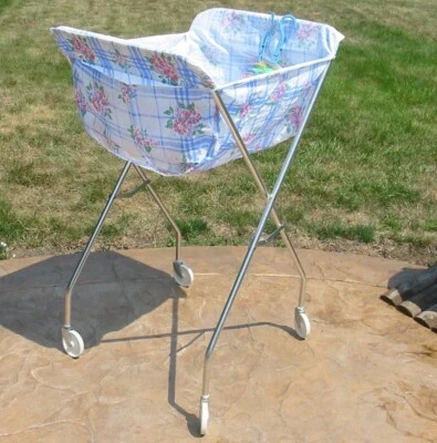 $34.95 • Buy New Laundry Bag + Chrome Metal Cart Wheels Blue Floral Denmark Clothespin Cloth