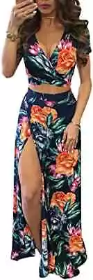 Aro Lora Womens  V Neck Floral Printed Side Slit Two-Piece Maxi Dress Multicolor • $7.99