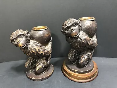 2 Vtg Monkey Taper Candle Holders 1 On Wood Base 1 Without. Free Ship • $21.99