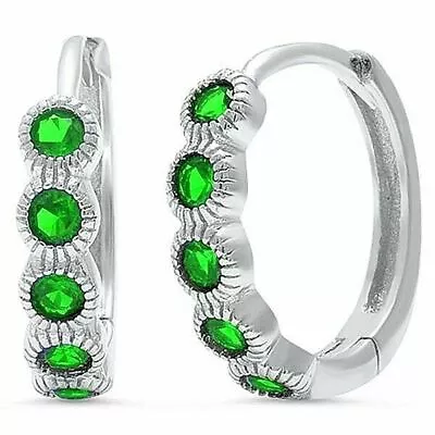 Stunning Emerald Huggie Hoop Earrings In Solid Sterling Silver - MAY Birthstone • $44