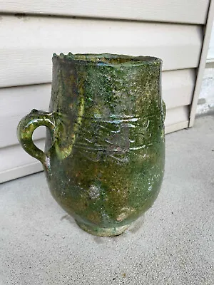 Vintage Tamegroute Moroccan Urn Olive Jar With Handles Green Glazed Pottery B • $20