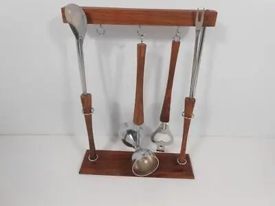 Mid Century Barware Stainless Steel Rosewood 4-Utensil Bar Tools W/Stand Japan • $39.99