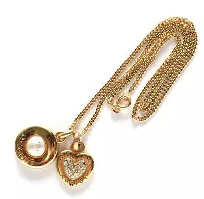 CELINE Necklace Heart Circle Charms Rhinestone Gold Length: 15.7 In. Vintage • $319.49