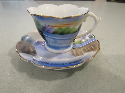 Vtg Japan Mini Small Tea Cup & Saucer Blue Scenic Hand Painted Niagara Falls • $11