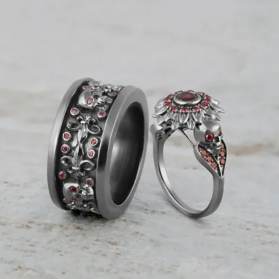 Flower And Skull Engagement Ring Wedding Band Set Matching Couples Gun Metal Fn • $508.44