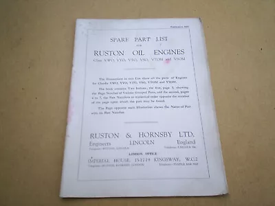 £10 • Buy Ruston And Hornsby VWO VYO VTO VSO VTOM & VSOM Spare Parts List