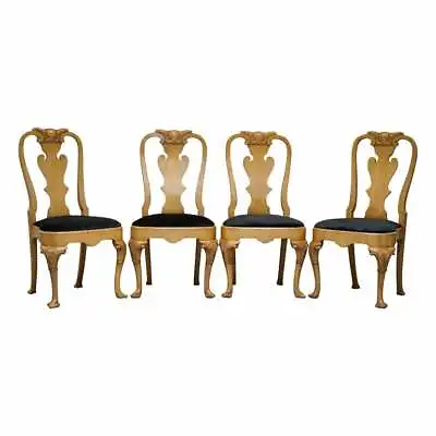 Stunning Set Of Four Walnut Queen Anne Dining Chairs Acanthus Leaf Carved Wood • £1200