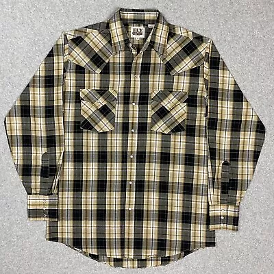 Ely Cattleman Western Pearl Snap Plaid Shirt Mens Medium Long Sleeve Beige Black • $14.95