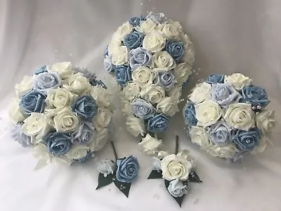 £12 • Buy Wedding Flowers Ivory Rose Blue Bouquet Bride Bridesmaid Posy  Flower-Girl Wand