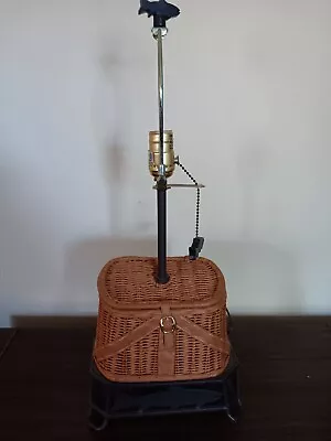 Vintage Table Lamp  FISHING CREEL Basket CAMPING  SPORTING  Cabin Cottage • $49.99