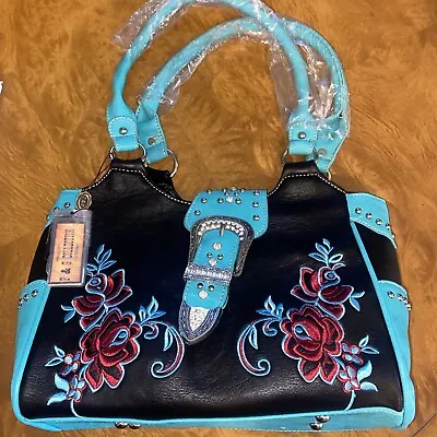 P G Collection Purse Black Turquoise W/floral Print Bling Bling Accents • $17.49