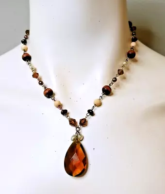 Vintage Amber Color Faceted Teardrop Pendant Necklace Mixed Beads Silver • $8