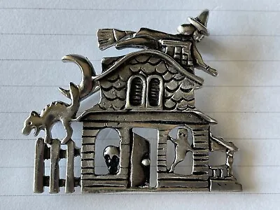 $10 • Buy Vintage AAI Silver Tone Haunted House, Mansion, Witch, Cat Halloween Brooch, Pin