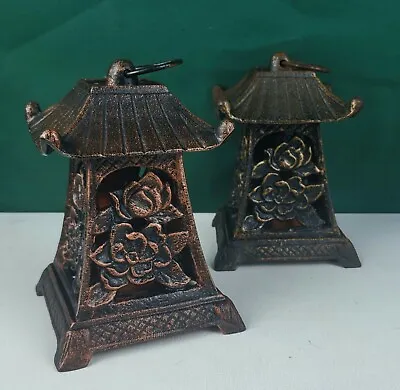 Set Of 2 Pagoda Style Lantern Candle Holders - Metal Rose Detailing • $76.08