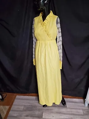 XS Vtg 70's BOHO Bridesmaid PROM Lace RUFFLE Hippie Maxi Dress Gown Yellow • $18.99