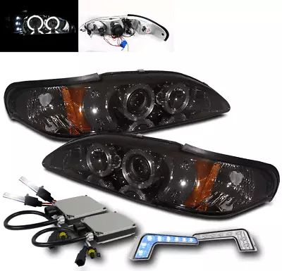 Ford 1994-1998 Mustang Smoke Halo Drl Led Projector Headlights+blue Drl W/6k Hid • $201.95