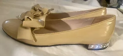 Miu Miu Womens Beige Patent Leather Bow Crystal Jewel Flats Size 37.5 • $345