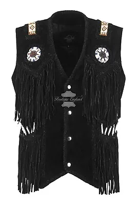 Mens Cowboy Western Style Native American Leather Vest Black Suede Beaded Fringe • £71.84