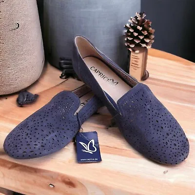 Caprice Navy Blue Perforated Suede Comfort Flat Shoes Size Uk 4 Eu 37 Immaculate • £15.99