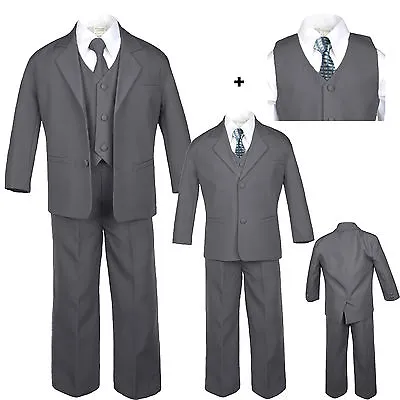 $52.99 • Buy Baby Toddler Boy Dark Gray Wedding Formal Party Tuxedo Suits Checkered Tie S-20