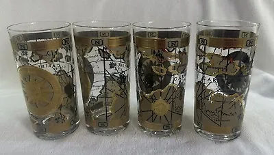 1960's CERA 22KT GOLD Silkscreened OLD WORLD MAP Glasses Barware Set Of 4 • $60