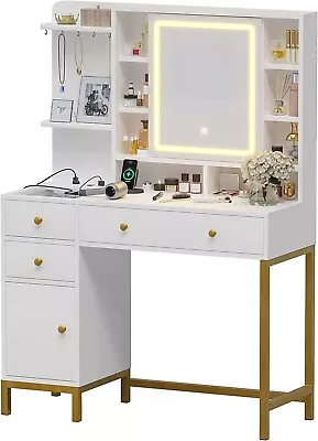 Makeup Vanity With Openable Mirror & LED Lights White Vanity Table Makeup Desk • $209.89