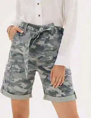 £12.99 • Buy M&S High Waist Tencel Rich Cargo CAMOUFLAGE Shorts With Detachable Belt