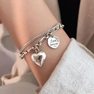 925 Sterling Silver Vintage Heart Pendant Unique Chain Bracelet Stylish Bangle • $6.47