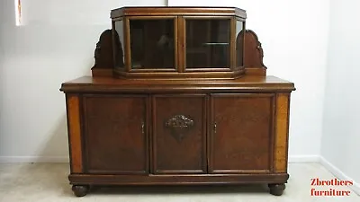 Antique Oak French Sideboard Hutch Cabinet Breakfront European Burl Wood • $1095