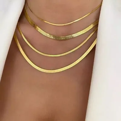 £4.99 • Buy 14k Gold Plated Flat Necklace Snake Chain Choker Stainless Steel