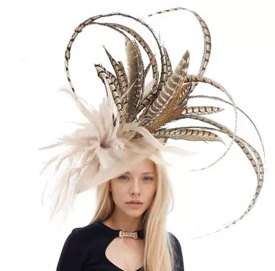 XL Large Nude Beige Brown Chocolate Feather Kentucky Derby Fascinator Hat • £350