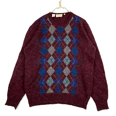 Vintage Argyle Diamond Wool Knit Crewneck Sweater Size Large Made In England • $38.24