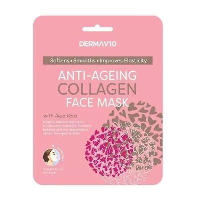 DermaV10 Anti-Ageing Collagen Face Mask With Aloe Vera-pack Of 10 • £9.99